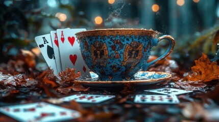 Autumn tea party with playing cards