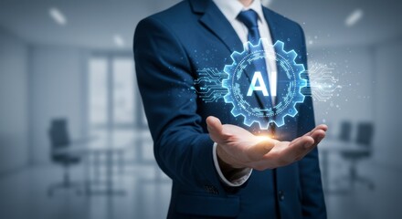 Elegant businessman presents glowing AI gear mechanism in modern office