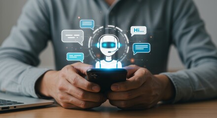 Interactive virtual assistant technology displayed over smartphone usage for customer support