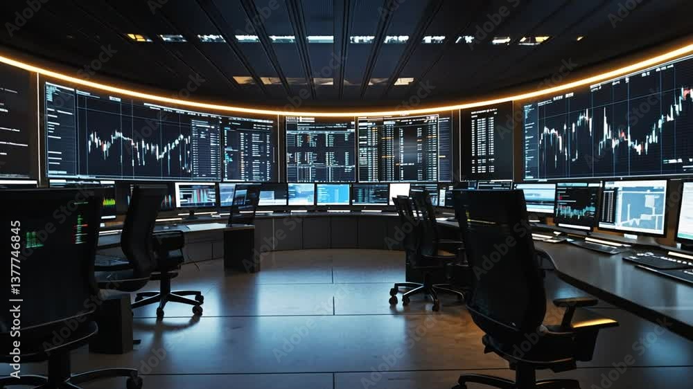Poster advanced technology monitoring center equipped with display screens in a modern facility