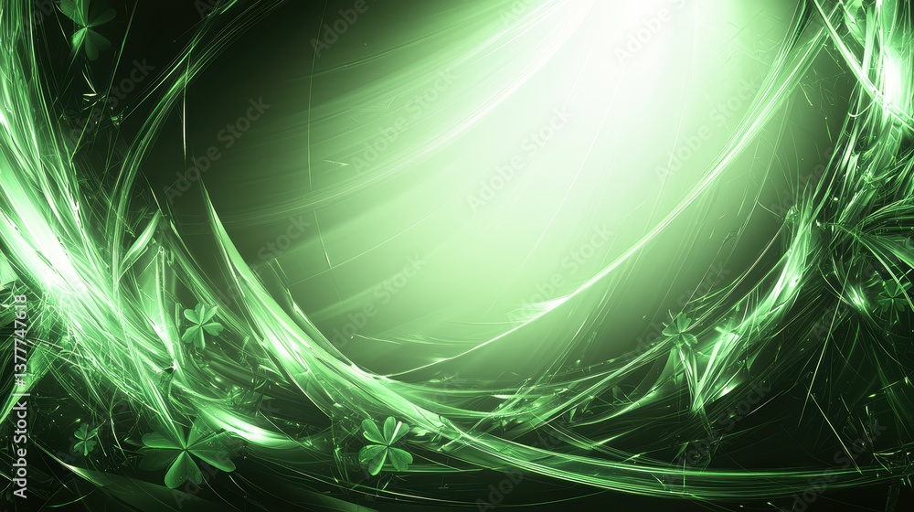 Poster a vibrant green abstract design featuring swirling lines and delicate shapes resembling clovers, cre