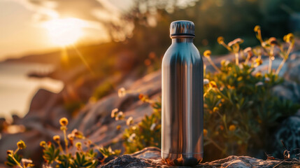 A zero-waste essentials metal drinking bottle containers with sunlight glare with copy space for product presentation or text.