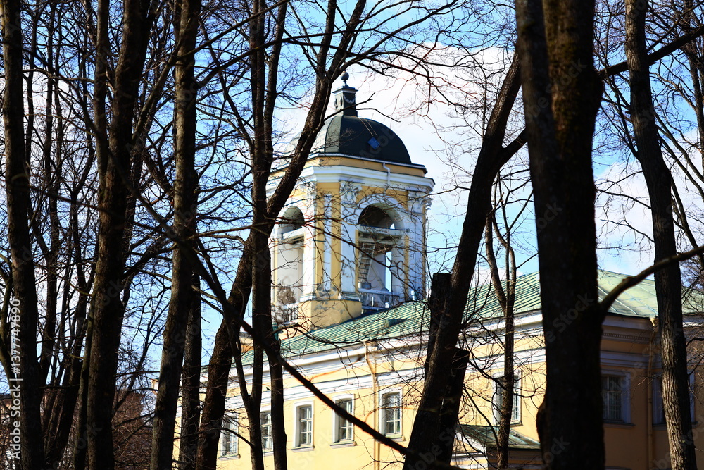 Poster a clock tower stands tall in a dense forest, surrounded by trees and foliage.