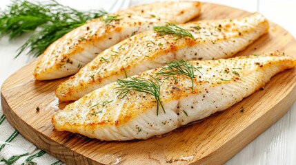 Smoked trout fillet on a rustic wooden board, showing flaky fish texture and subtle pink color, garnished with fresh dill and cracked pepper