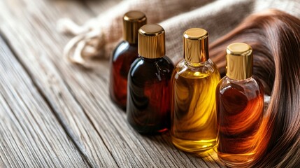 Fototapeta premium The best hair oils for moisturizing dry hair, with bottles arranged on a natural wooden surface,