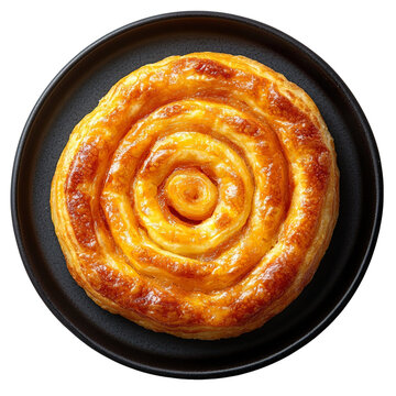 Top view of a delicious looking Islak Kek on a dark porcelain dish isolated on a white transparent background