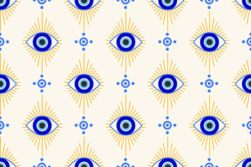 Evil eye Greek seamless pattern. Turkish vector background with blue beads and magic nazar. Mystic amulet is the symbol of protection and luck. Arabic and Mediterranean ethnic wallpaper