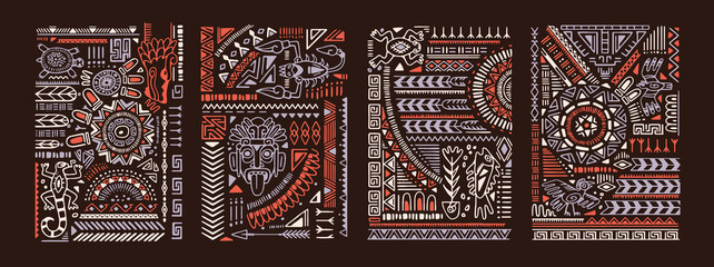 Set of traditional Aztec ornaments with tribal elements. Backgrounds with ethnic patterns. Ancient decoration with abstract figures, Peruvian symbol, Maya culture signs. Flat vector illustrations