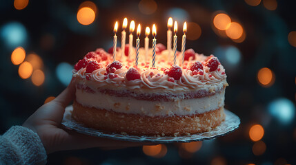 A birthday cake with candles being held by someone with a joyful smile, celebrating a special occasion with happiness and warmth.

