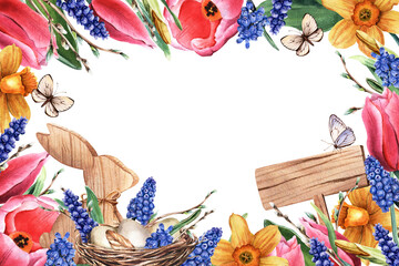 Happy Easter banner, border, with spring flowers, daffodils, tulips, grape hyacinths, wooden bunny, bird nest, eggs, wooden tag, butterflies. Watercolor illustration isolated on white