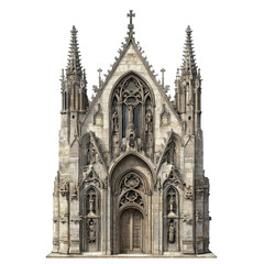 Gothic cathedral with tall spires and stained glass windows, detailed stone architecture, isolated on transparent background.