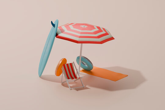 3D render of beach items including an umbrella, deck chair, and surfboard
