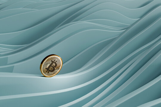 Bitcoin coin on abstract wave pattern background representing cryptocurrency and financial instability