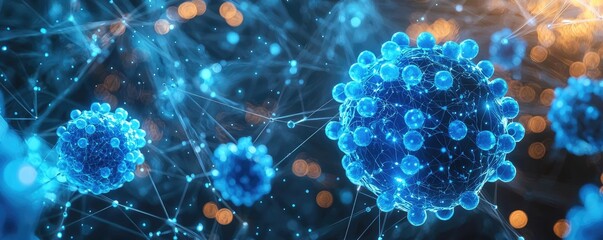Blue exosome particles in scientific and sphere concept. Detailed image of virus particles under a microscope view.