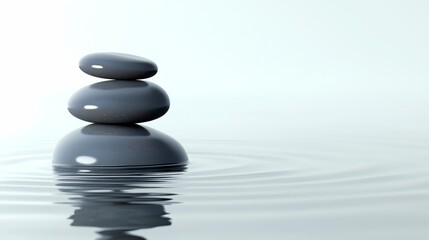 Fototapeta premium Serene Balance: Three smooth, gray stones carefully stacked, creating a sense of harmony and tranquility, reflecting in the ripples. This visual metaphor suggests balance, meditation, and inner peace.