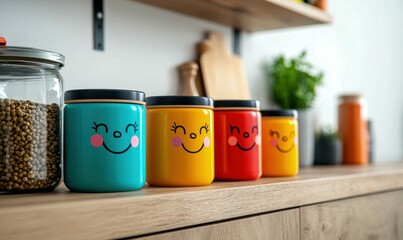 Smiling face kitchen jars in various bright colors, adding a touch of happiness to the scene.