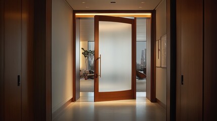 Elegant hallway featuring open frosted door inviting into living space