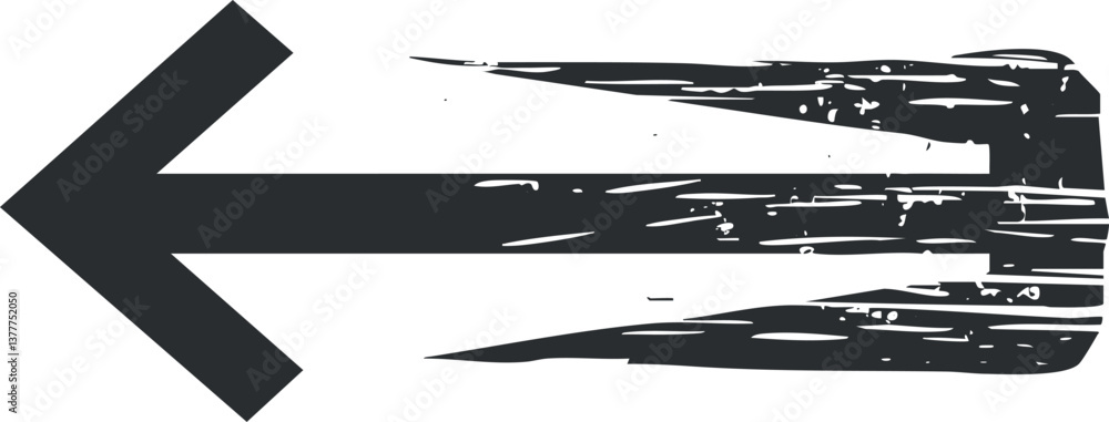 Poster grunge-style left-pointing arrow icon with brushstroke texture on a white background.