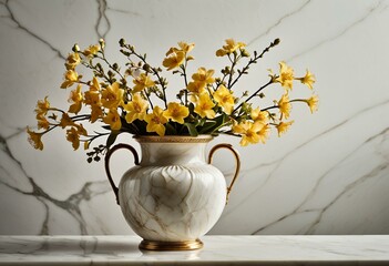 A vase of flowers sitting on top of a marble counter.