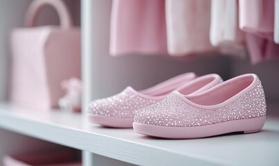 A pair of pink, bejeweled ballet flats on a shelf, ready for a special occasion or everyday wear.