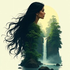 Fototapeta premium Serene Woman's Profile Merged with Lush Waterfall Landscape Nature's Embrace