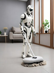 The humanoid robot is cleaning the living room.
