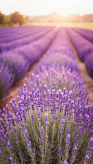 Fototapeta premium Lavender field in soft sunset light with rows of blooming purple flowers stretching to horizon. Concept of eco travel, nature backgrounds, landscapes, eco farming, and mindful nature experiences