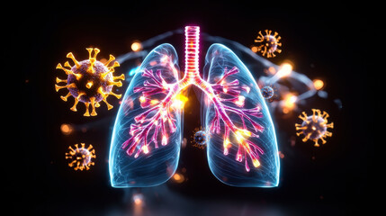 digital illustration of human lungs with glowing overlay, surrounded by virus particles, symbolizing respiratory infection. vibrant colors highlight bronchial structure