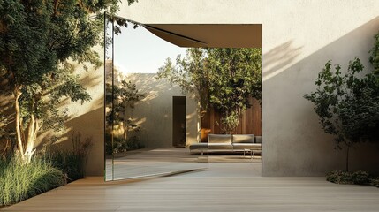 Naklejka premium A modern minimalist patio showcasing a mirror reflection and green trees