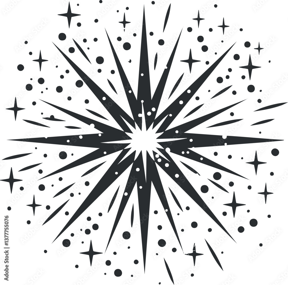 Poster black and white abstract starburst graphic design with a dynamic and geometric pattern.