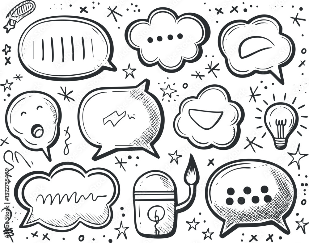 Poster hand-drawn speech bubbles and doodles in a sketch style with various expressions and symbols.