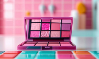 A dazzling makeup palette, showcasing an array of pink eyeshadows for a glamorous beauty look.