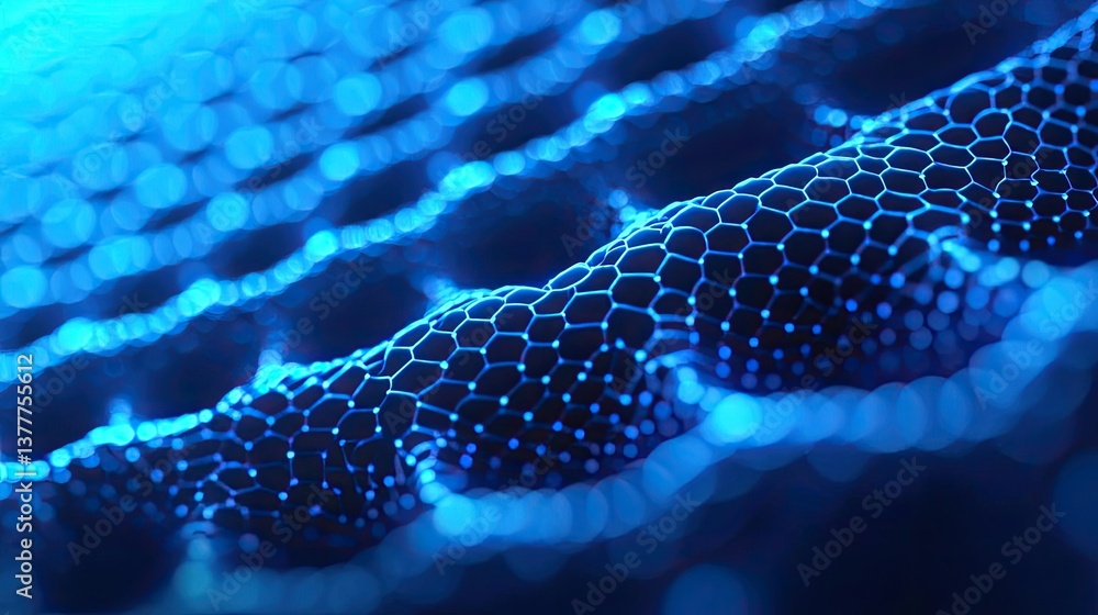 Poster blue exosome particles in scientific three-dimensional concept. abstract close-up of a blue hexagona