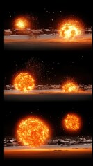Fototapeta premium Fiery orbs glow above buildings in a dark landscape, with sparks and embers floating in the air