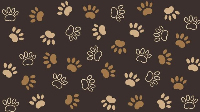 Animal pattern dog paw print on brown background. Loop simple animation.
