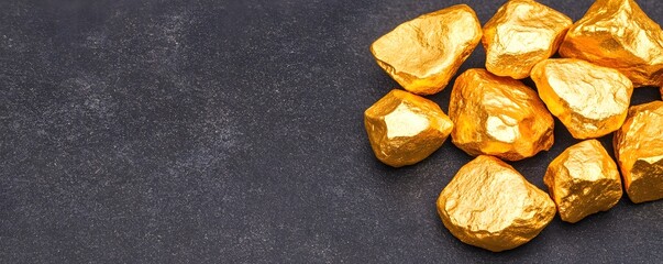 A pile of gold nuggets, rough and unrefined, glowing against a dark surface, gold nuggets, natural wealth