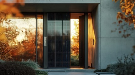 A modern entrance to a beautiful contemporary residence with sunlight