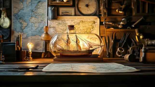 Antique Ship in a Bottle on a Cartographer's Desk