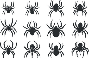 Collection of spider silhouettes in various designs against a white background.