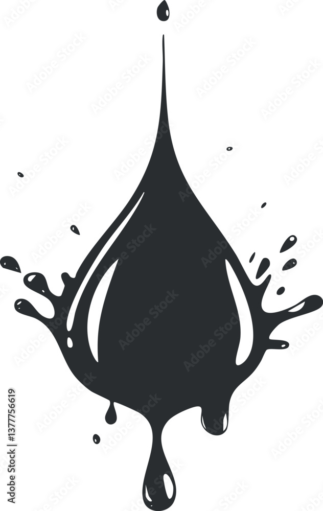 Poster abstract black ink splash with dynamic droplets isolated on a white background.