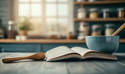 Fototapeta premium A cookbook sits open on a wooden table with a bowl and a wooden spoon ready.