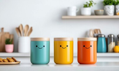 Three colorful smiling jars with wooden lids brighten up a modern kitchen space.