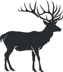 Silhouette of a deer with large antlers in a black and white vector illustration.