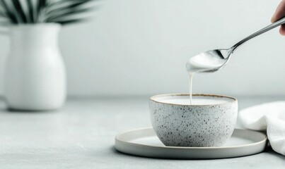 Creamy white liquid flows gracefully from a spoon into a textured ceramic bowl, elegant scene.