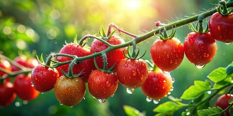 Obraz premium Vibrant Red Cherry Tomatoes Branch, Fresh Produce, Healthy Food, Closeup Shot