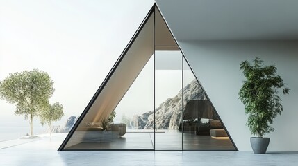 Modern home featuring large triangle shaped glass walls and mountain views