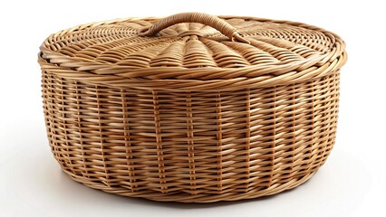 Obraz premium Wicker Basket with Lid, Isolated on White Background - Perfect for Crafts, Storage & Home Decor