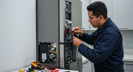 Technician repairing refrigerator in modern kitchen setting  