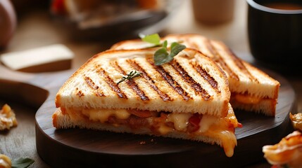 Delicious toasted sandwich with grill with melted butter and a cup