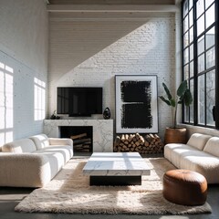 Obraz premium Generative AI, Loft Living Room with Boucle Sofas and Marble Table